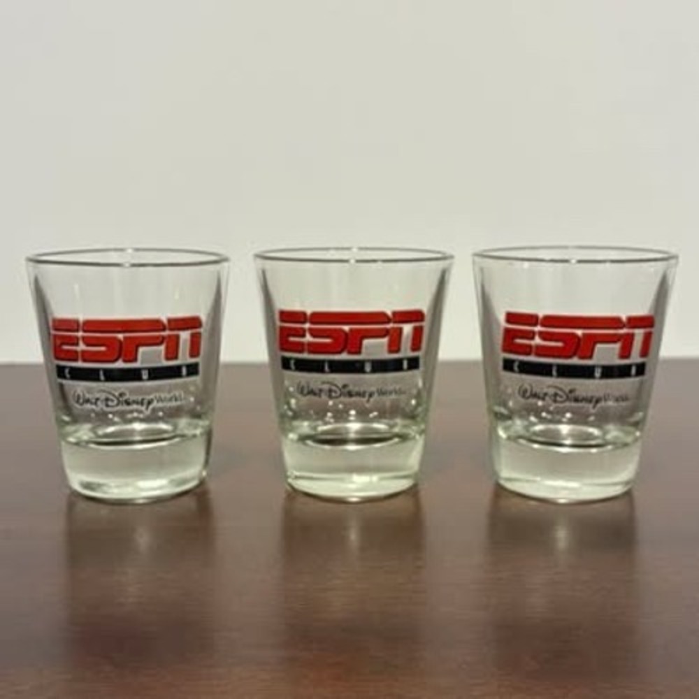 Set of 3 Vintage ESPN Club Walt Disney World Shot Glasses Clear Logo Barware